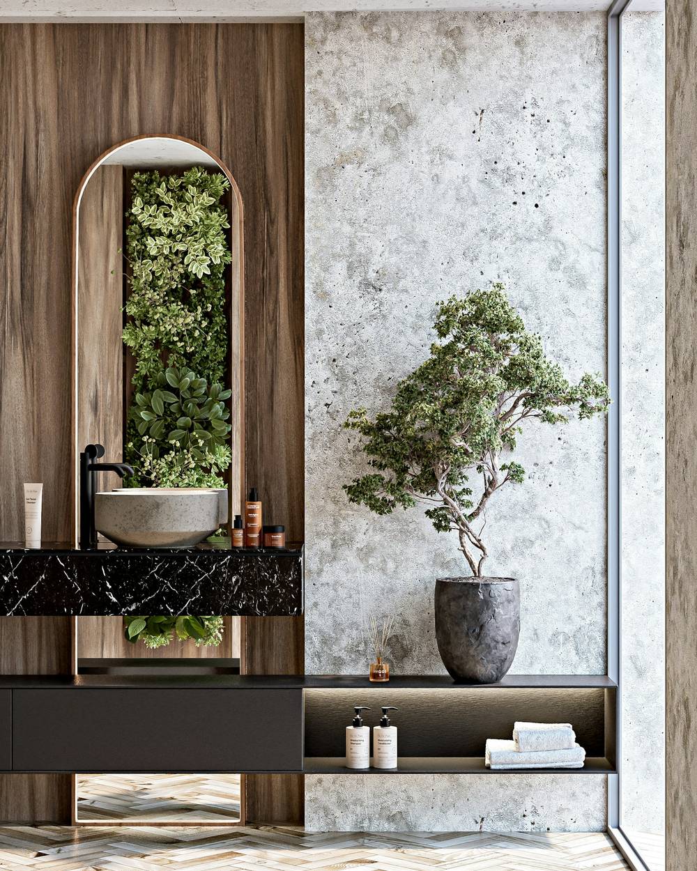 Salle de bain aux murs d'aspect minéral, vasque noire et plante